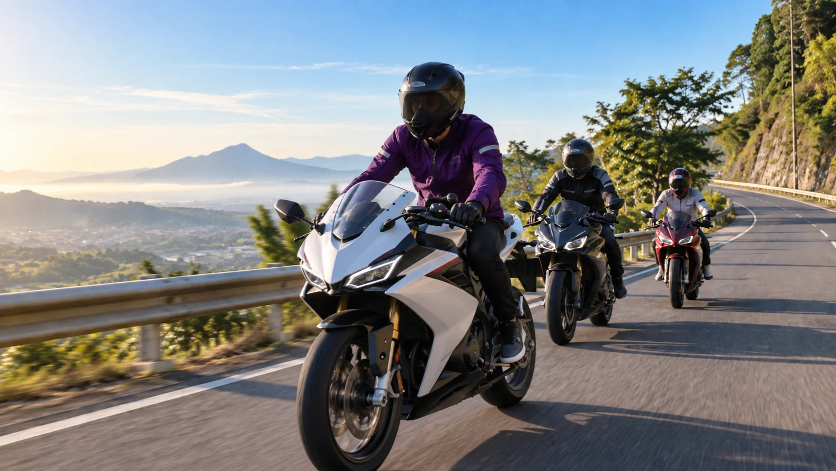 Illustration of motorcycle riders enjoying a Sunday Morning Ride on the road in the morning