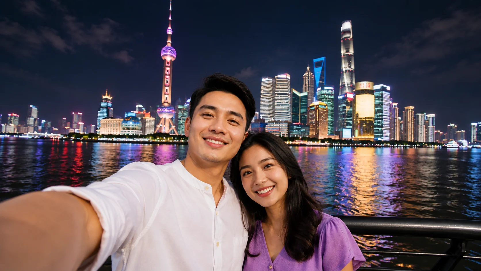 Sepasang suami istri sedang swafoto di jembatan Shanghai