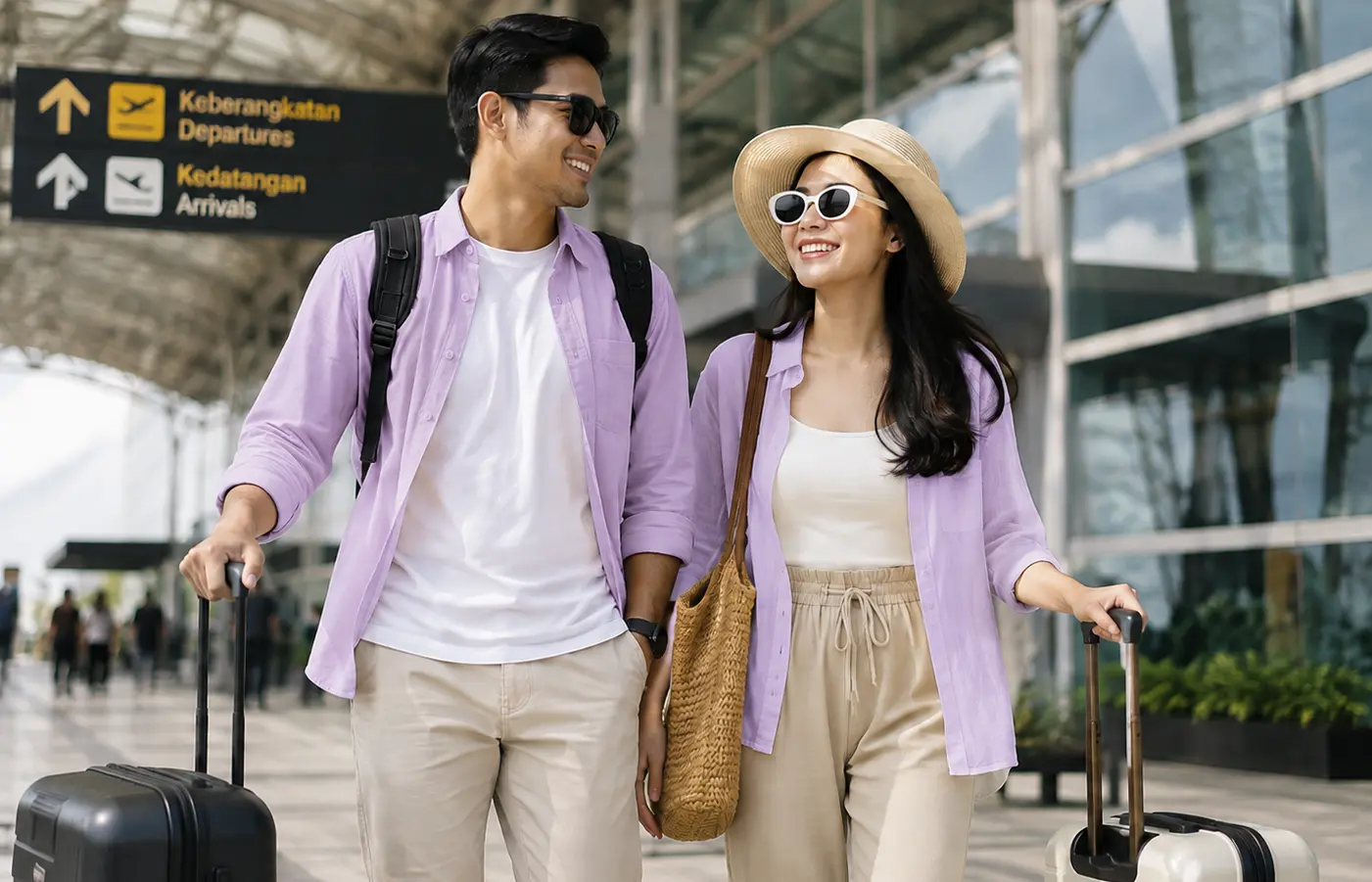 Pasangan Indonesia menikmati liburan dengan nyaman sambil membawa koper.