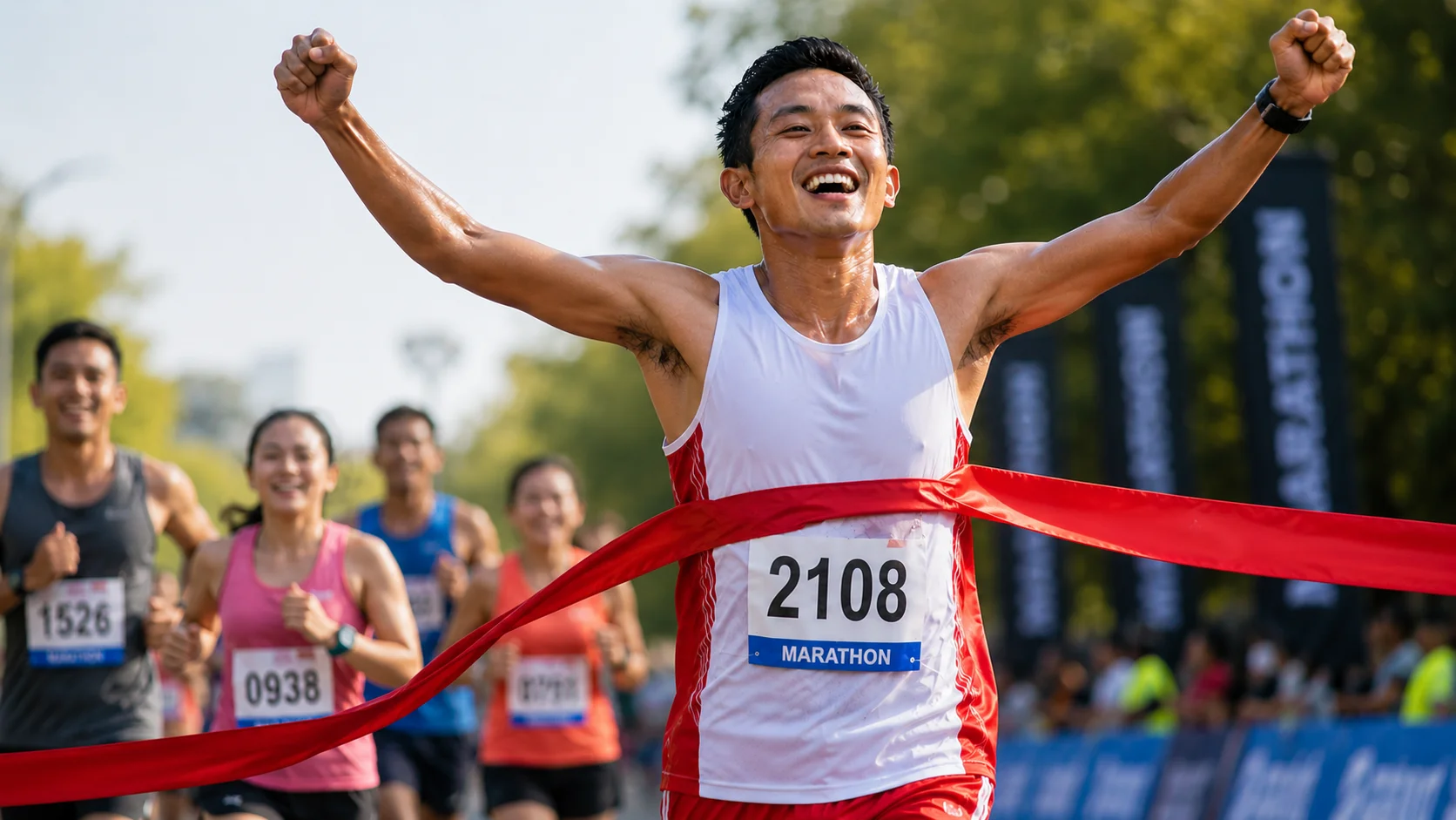 Seorang pria yang baru saja melewati garis finish marathon