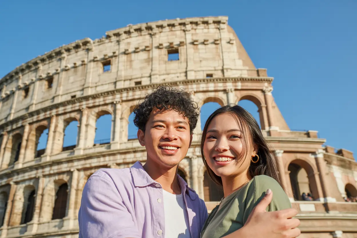 Sepasang kekasih muda tersenyum bahagia sambil berpelukan di depan Colosseum kuno Roma