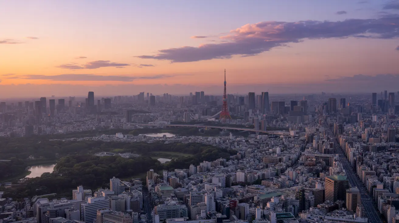 Pemandangan panorama kota Tokyo saat senja, dengan Menara Tokyo yang ikonik menjulang di tengah deretan gedung pencakar langit, sungai berkelok, jembatan, dan taman hijau yang luas di bawah langit jingga-ungu yang memukau.