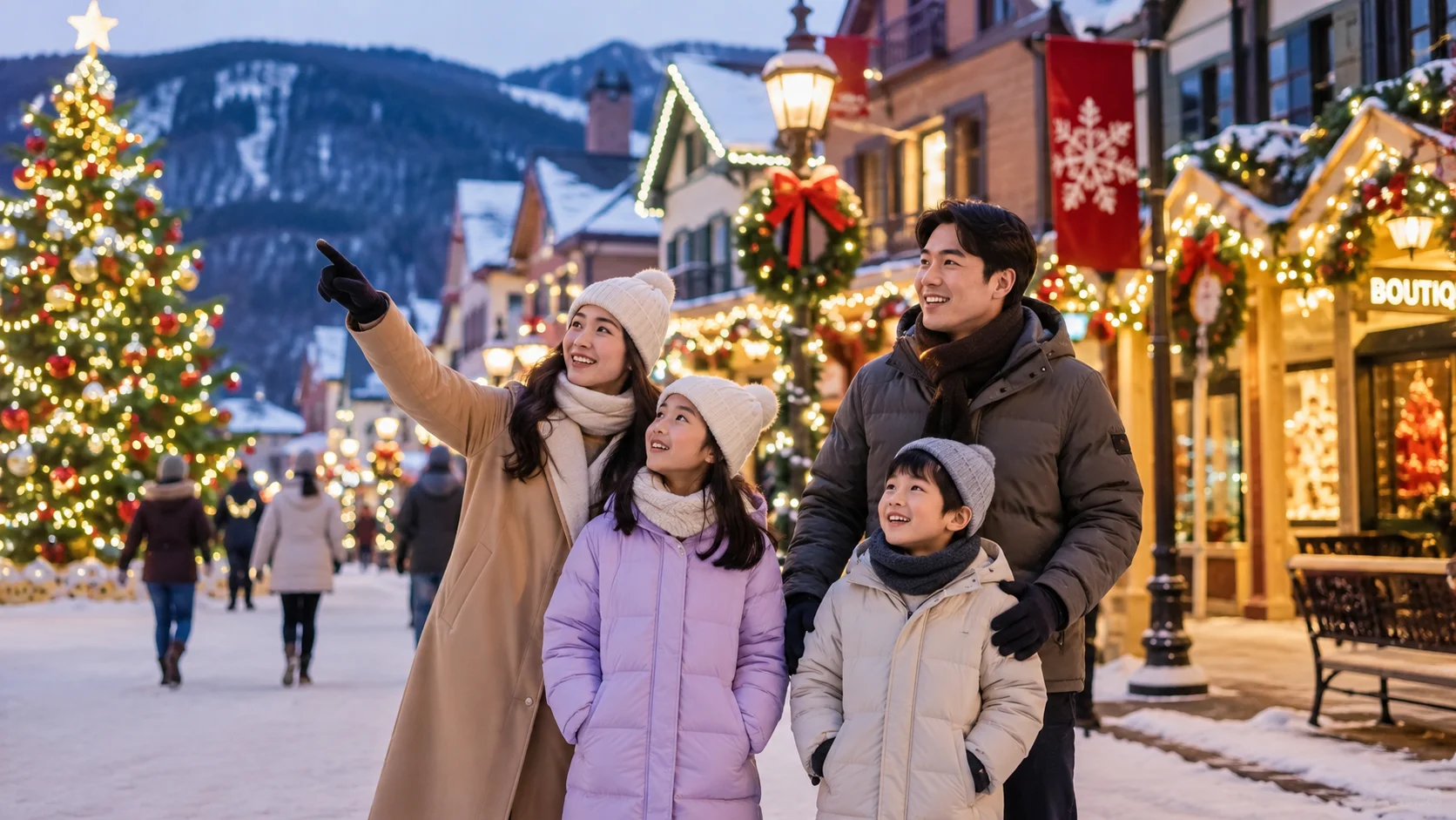 Travelers enjoying a winter holiday atmosphere with Christmas decorations in a city abroad