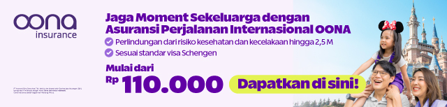 Banner Oona Insurance untuk asuransi perjalanan internasional mulai Rp 110.000, dengan manfaat perlindungan hingga 2,5M dan sesuai standar visa Schengen, menampilkan keluarga di depan lokasi wisata bertema kastil.