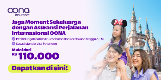 Banner Oona Insurance untuk asuransi perjalanan internasional mulai Rp 110.000, dengan manfaat perlindungan hingga 2,5M dan sesuai standar visa Schengen, menampilkan keluarga di depan lokasi wisata bertema kastil.