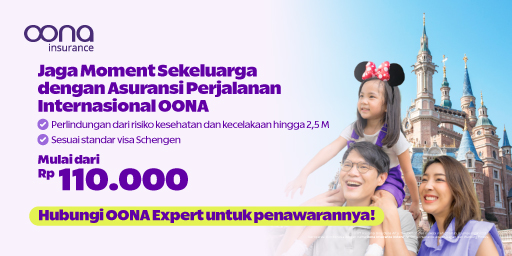 Banner Oona Insurance untuk asuransi perjalanan internasional mulai Rp 110.000, dengan manfaat sesuai standar visa Schengen dan perlindungan hingga 2,5M, menampilkan keluarga di depan destinasi wisata bertema kastil.