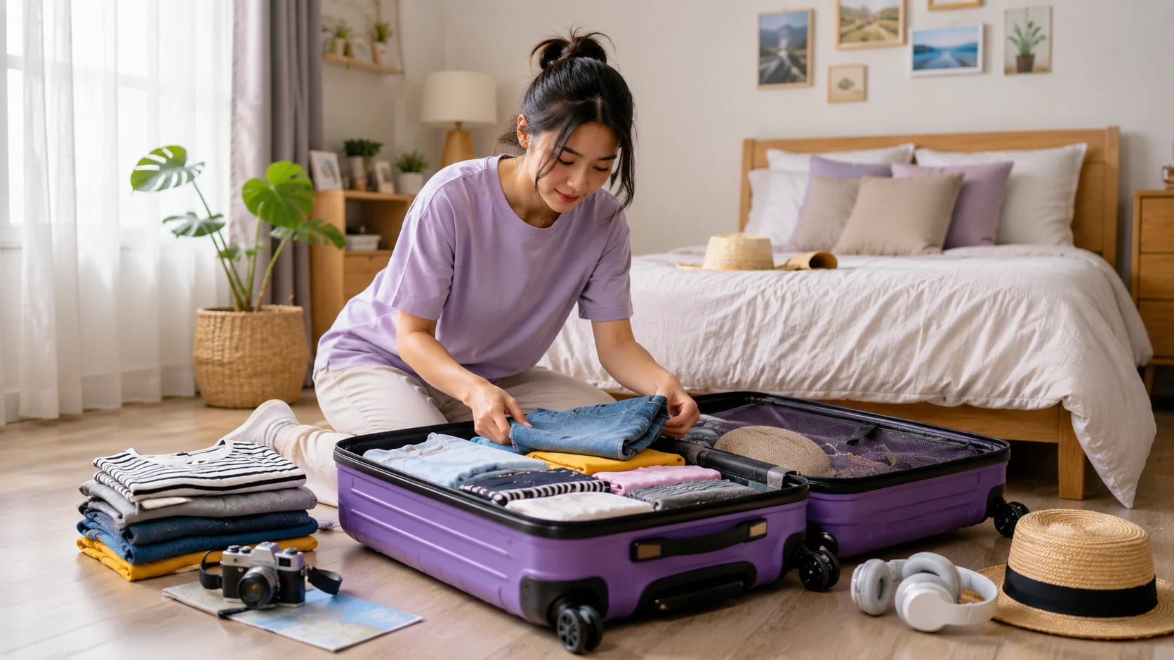 Seorang wanita Indonesia sedang menata pakaian di dalam koper dengan kamera, peta, topi, dan headphone di lantai kamar tidur.