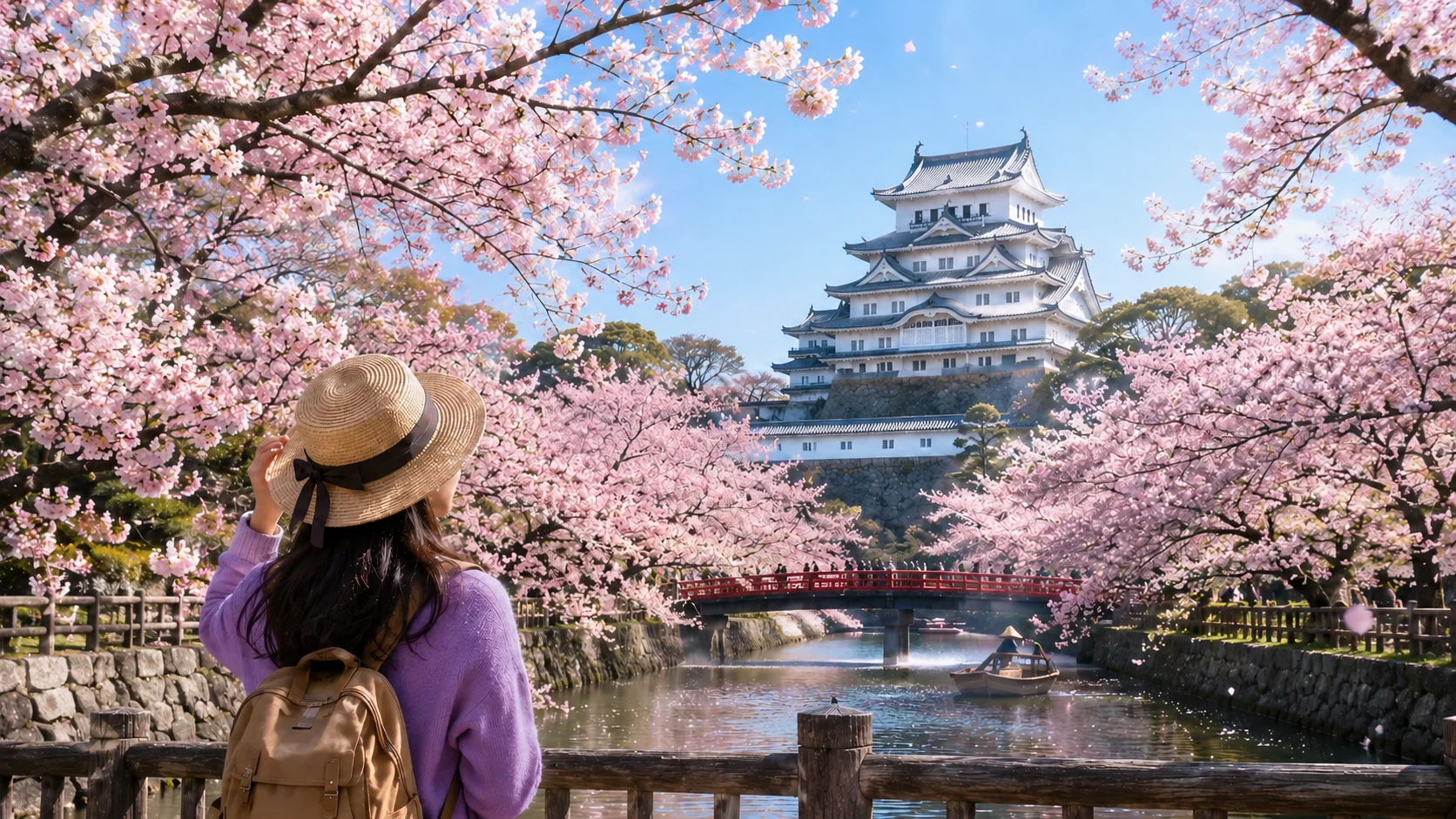 Seorang wisatawan Indonesia menikmati pemandangan bunga sakura yang sedang bermekaran di Jepang pada hari yang cerah. Hamparan pohon sakura berwarna merah muda membingkai kanal dengan jembatan merah khas Jepang.